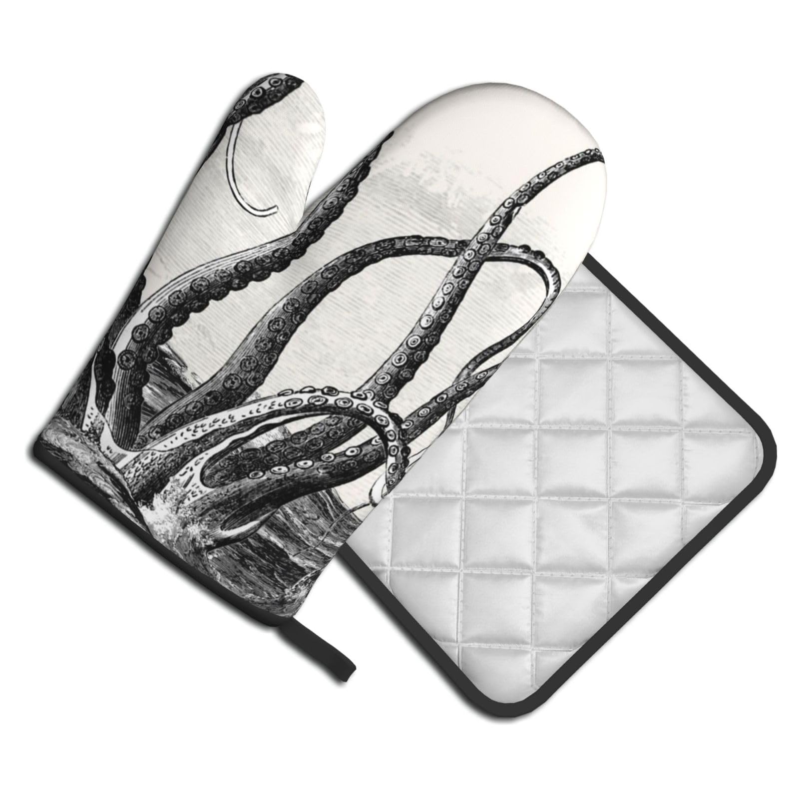 Oven Mitts and Pot Holders Set of 2 Pcs, Nautical Octopus Printed Heat Resistant Kitchen Gloves Potholders for Cooking Baking Grilling