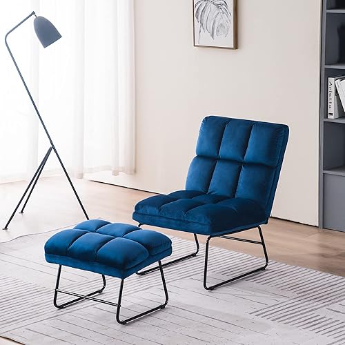 Miniatura 2 de MCombo Silla decorativa de terciopelo con juego otomano, silla moderna sin brazos para sala de estar, dormitorio, espacio pequeño 0014 (terciopelo,