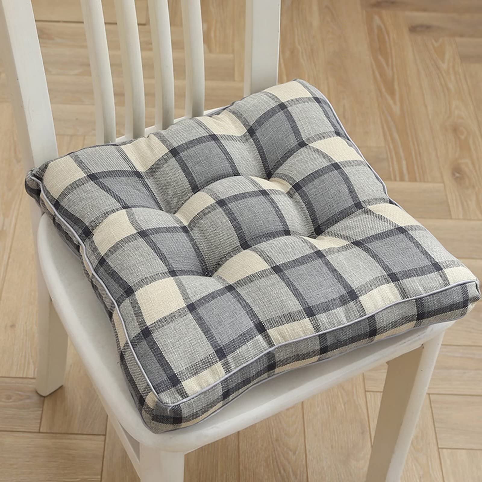 ZIBENE Seat Pads for Chairs for Dorm Rooms, Single Chair Cushion 40x40, Kitchen Chair Pads Replacement Extra Thick 8cm, Farmhouse Checked Pattern, Multifunctional and Widely Used Light Grey