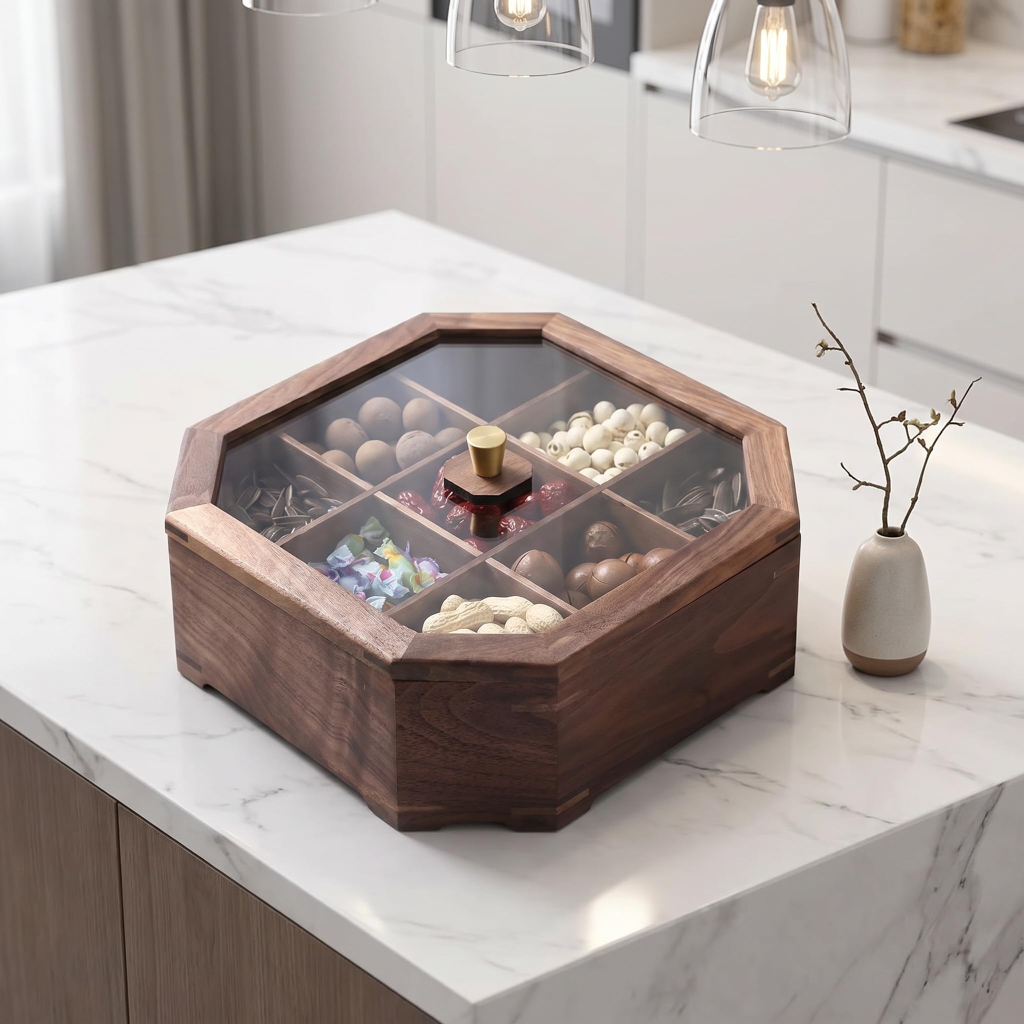 Elegante Caja De Almacenamiento De Nogal Negro con Tapa De Cristal: 9 Compartimentos para Dulces, Frutos Secos Y Golosinas. Un Estuche De Colección con Estilo para La Organización del Hogar Y La