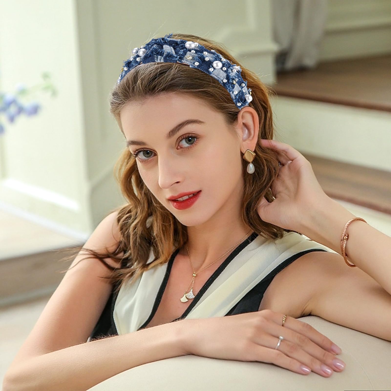Amazon.com : PLwelth Denim Pearl Headband for Women Girls  display picture 2