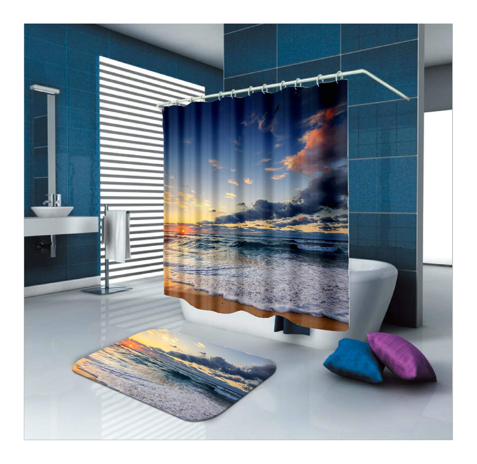 Daesar Dywaniki łazienkowe można prać 40 x 60 fale morskie plaża Vintage zasłona prysznicowa 180 x 200 cm, zestaw mat łazienkowych
