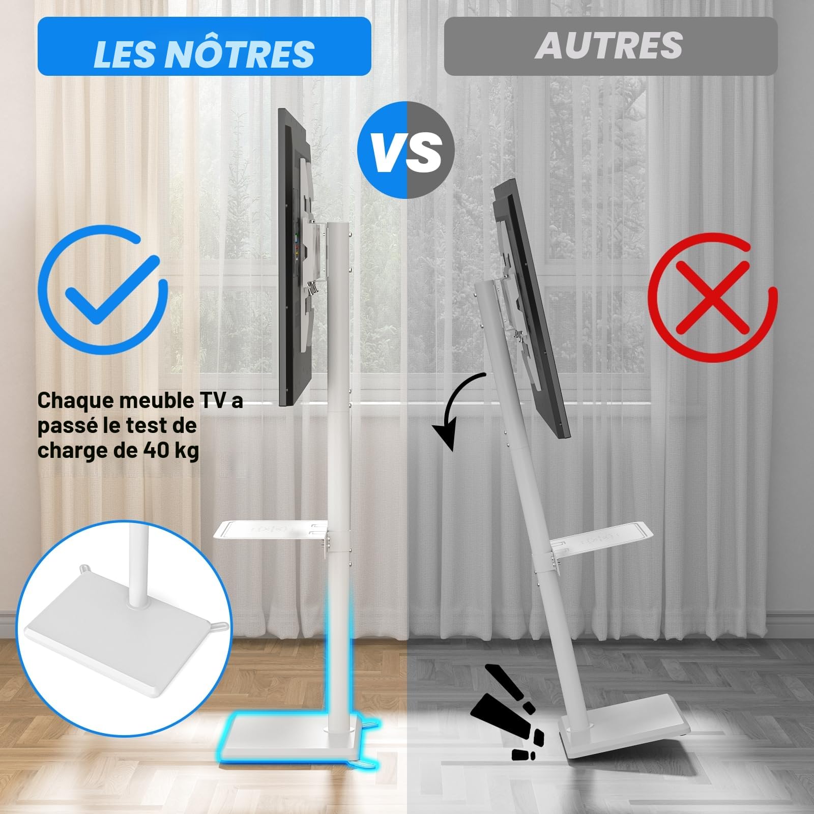 5Rcom Support TV au sol universel pivotant avec support pour téléviseurs de 32 à 55 pouces jusqu'à 40 kg, hauteur réglable avec pivot, haut support TV avec base en bois blanc, VESA max 400 x 400 mm