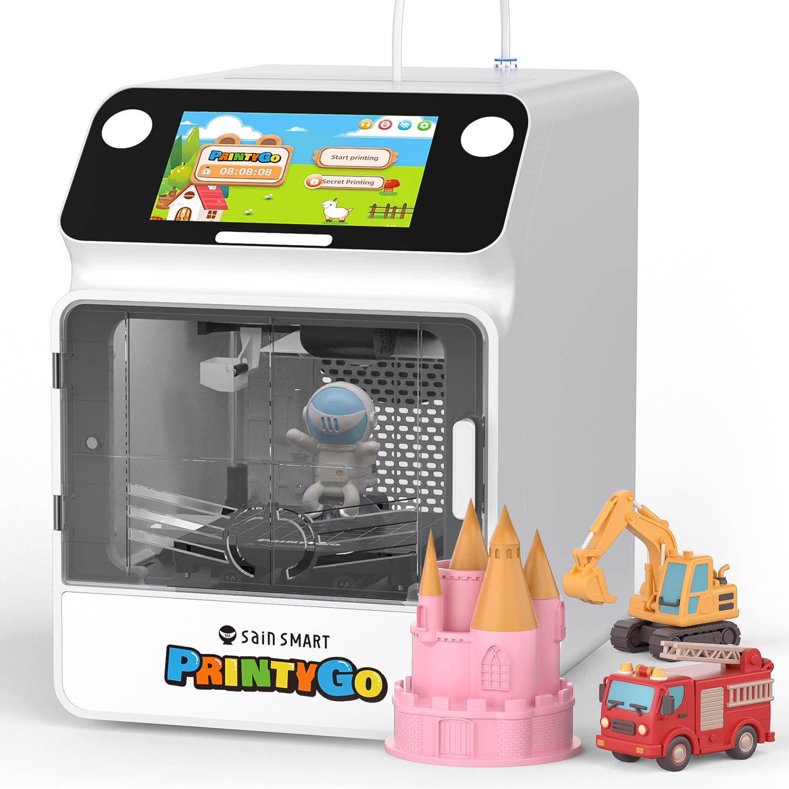 SainSmart PrintyGo Mini 3D-Drucker für Kinder – 600 mm/s Auto-Leveling, 5"-Touchscreen, 1500+ Modelle, Kindersicher, Wi-Fi/App-Steuerung, Vormontiert – Perfektes STEM-Lernspielzeug