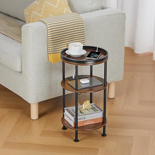 Miniatura 5 de Mesa auxiliar redonda pequeña con estación de carga para espacio estrecho y pequeño, sofá de 3 niveles con puertos USB y tomas de corriente, mesa