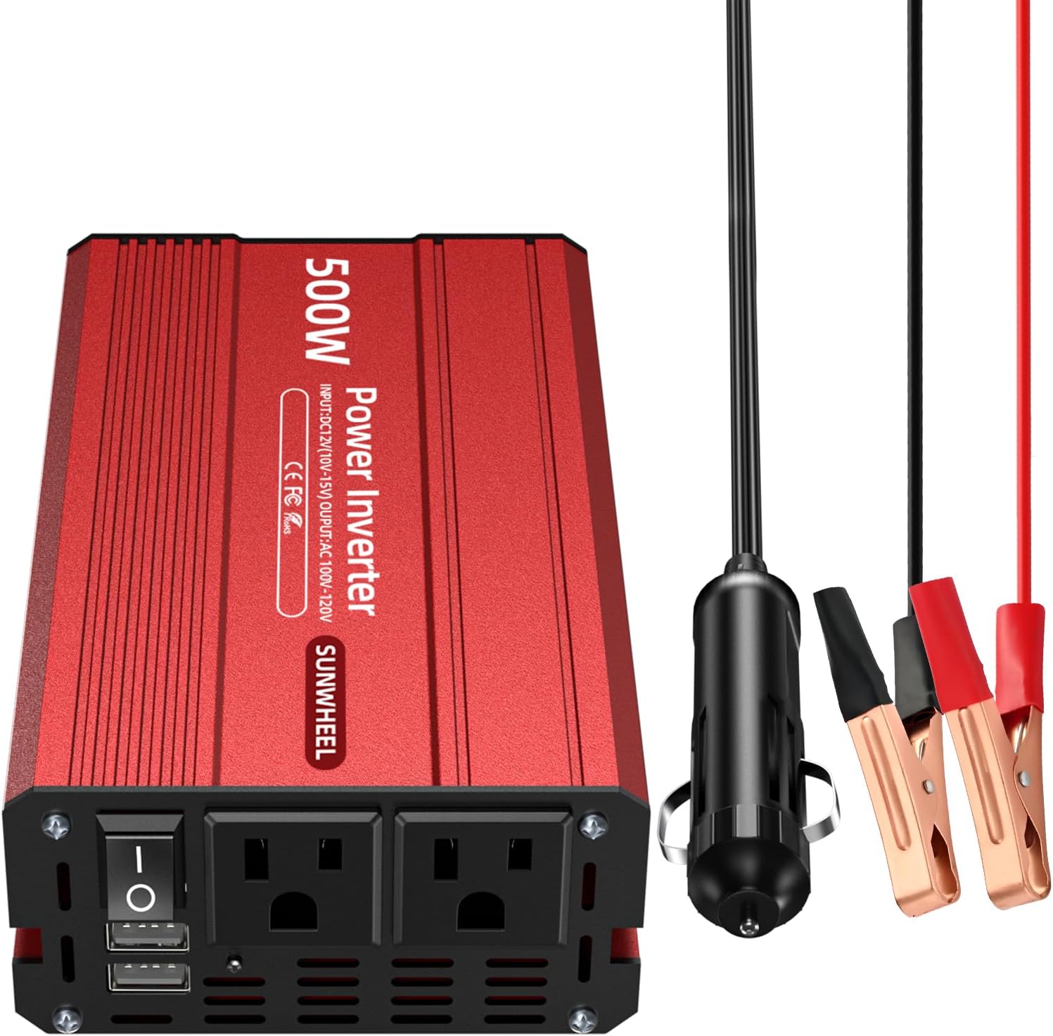SUNWHEEL 500W Power Inverter DC 12V to 110V AC Car Inverter with 2 x 3.1A USB Ports and Dual AC Outlet, Equipped with 1 Cigarette Lighter and 2 Battery Clamps for Road Trip and Camping