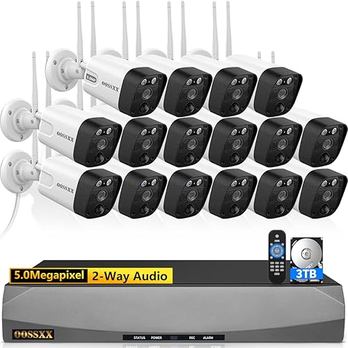 5.5MP & 2-Way Audio Dual Antennas Security Wireless Camera System 3K 5.0MP 1944P Wireless Surveillance Monitor NVR Kits,16Pcs Outdoor WiFi Security Cameras PIR Detection