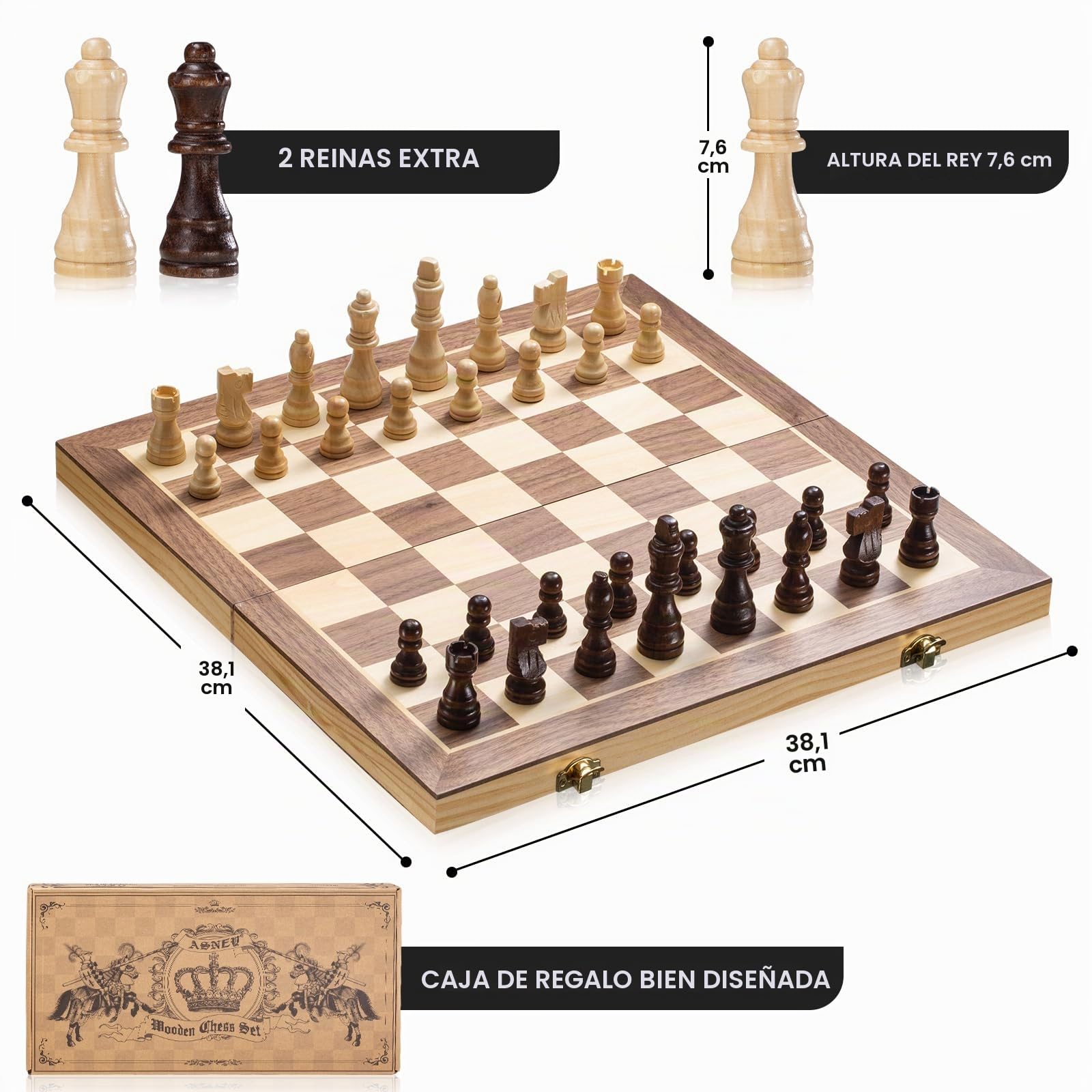 ASNEY Juego De Ajedrez Magnético Mejorado, Juego De Tablero De Ajedrez De Madera Staunton De Torneo De 15 ”con Pieza De Ajedrez Y Ranuras De Almacenamiento para Niños Adultos