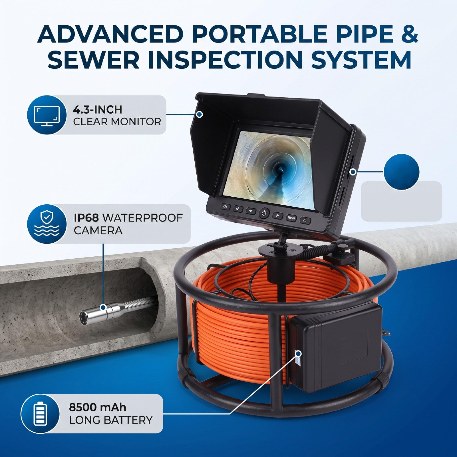 ASHATA Cámara de Alcantarillado, Cámara de Inspección de Tuberías de 18 Mm con Luz Ajustable (F2543DC18-30M-K) | DVR y grabadora de audio Batería grande 1000TVL Drenaje Boroscopio Plomería Pantalla de 4,3 pulgadas Herramientas de