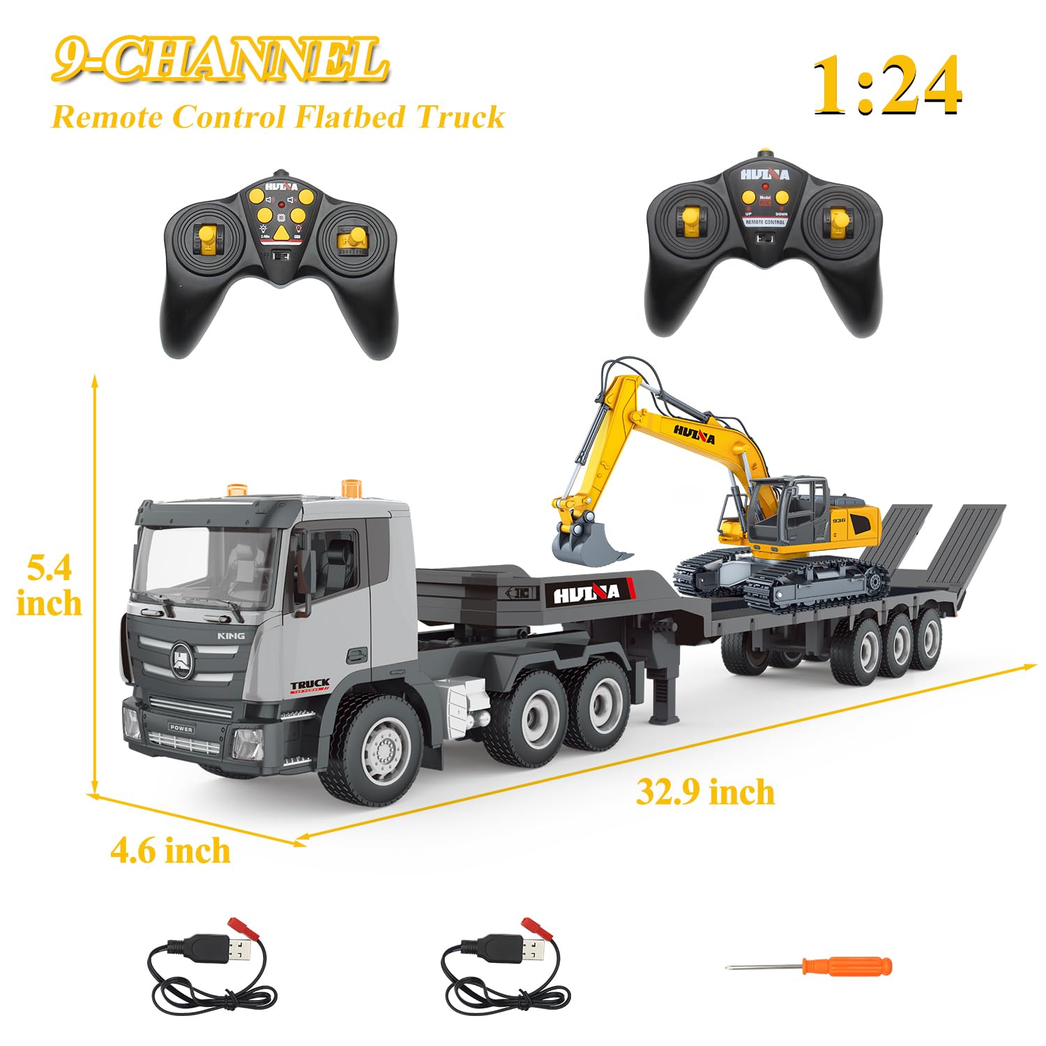 fisca RC Semi LKW und Bagger Spielzeug, 2.4Ghz Ferngesteuerter Pritschenwagen und Bagger Spielzeug, 1:24 RC Sattelzugmaschine mit Sound und Lichtern Geeignet für Baufahrzeuge für Jungen