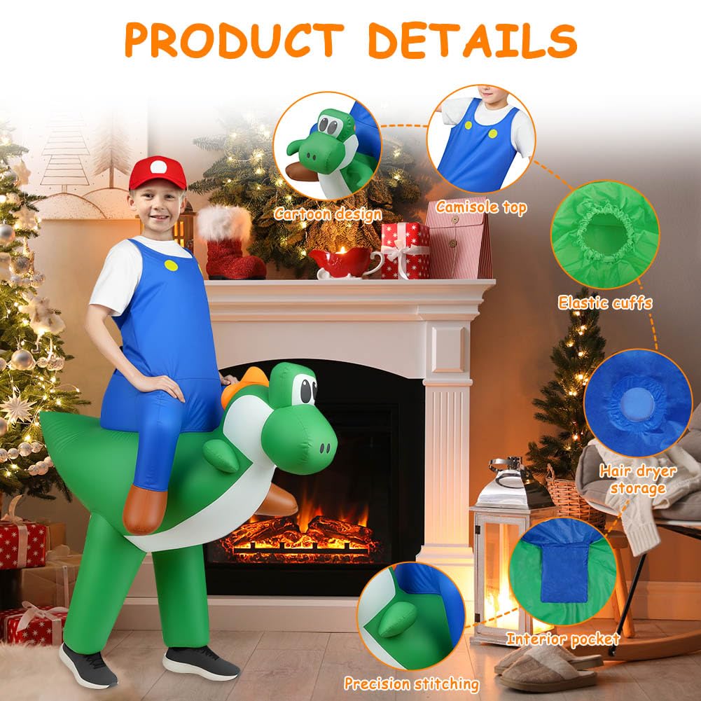 Alaoo Inflatable Dinosaur Costume for Kids, Funny Ride-on Green Dinosaur Halloween Costumes with Hat, Cosplay Costume Accessories Kits for Halloween Christmas Cosplay Masquerade Party, 120-150CM - Image 4