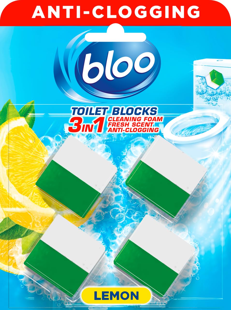 Bloo New Toilet Blocks, Pack of 4, Toilet Limescale Remover Cistern Block, Toilet Cleaner Block with Cleaning and Foaming Action, Toilet Fresheners – Lemon