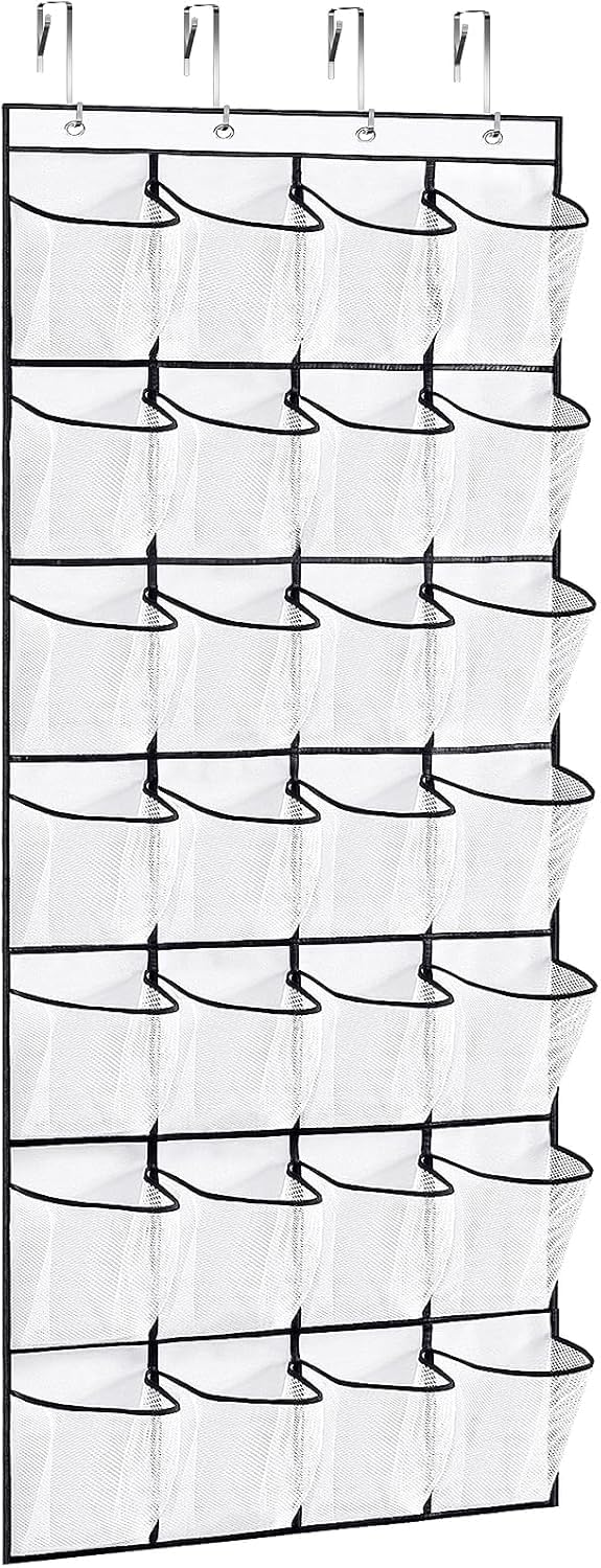 Organizador de zapatos para puerta con 28 bolsillos grandes, estante transparente para colgar zapatos para armario, incluye 4 ganchos de metal para un fácil almacenamiento