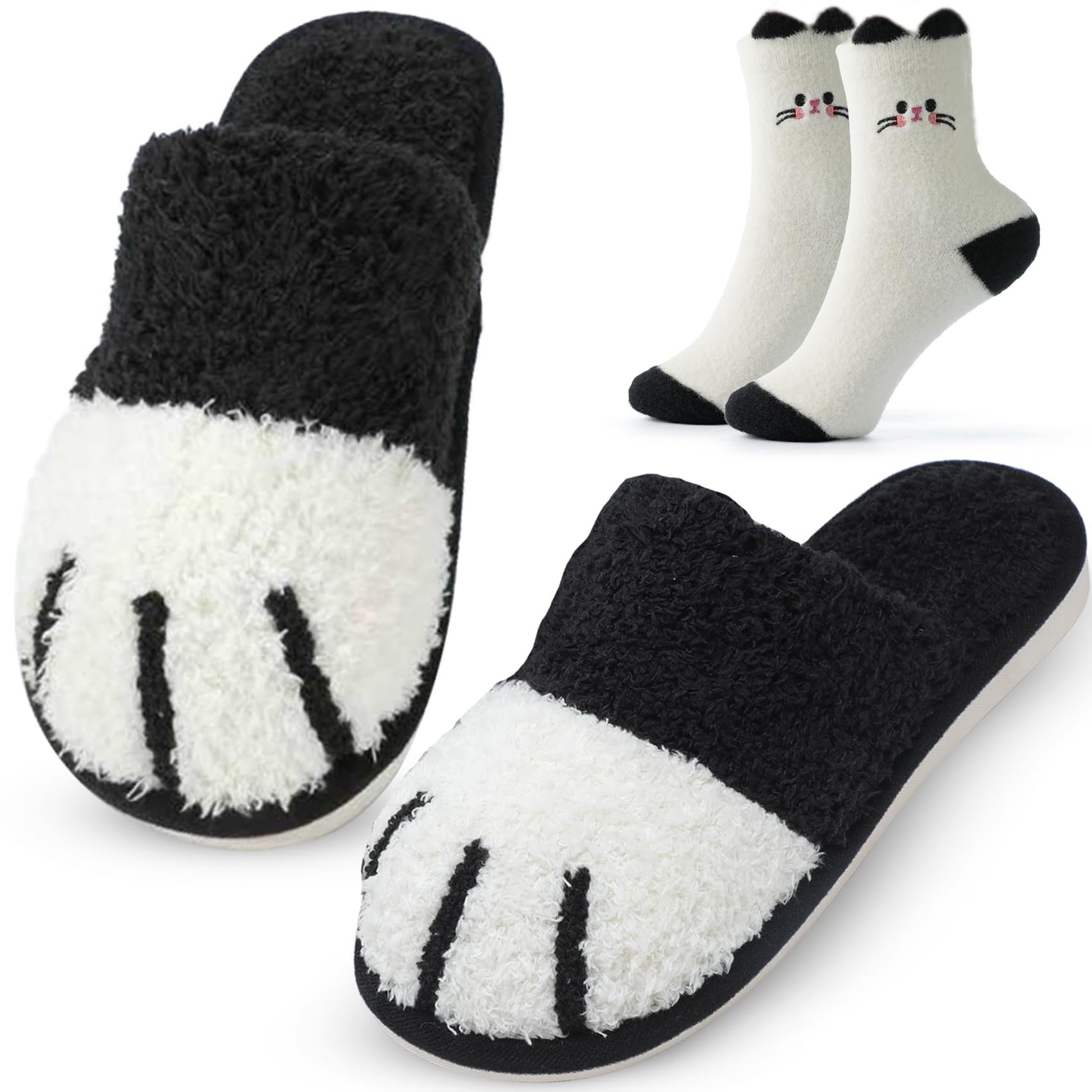 Cat Paw Slippers and Fuzzy Cute Socks Gift Set for Women House Slippers with Memory Foam Warm Cozy