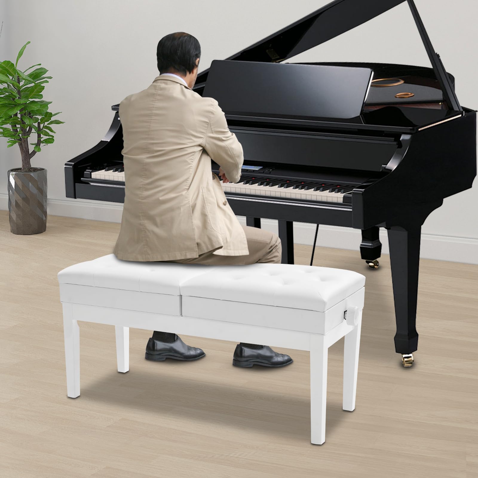 Doppelsitzer Pianobank Groß Klavierbank mit Aufbewahrungsbox und PU-Sitzfläche Sitzflächen unabhängig höhenverstellbar bis 200kg Belastbar (Weiß)