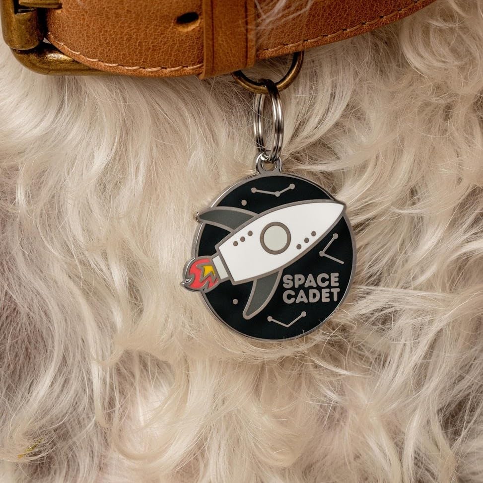 Two Tails Pet Company Personalized 'Space Cadet' Pet ID Tag & Collar Charm - Custom Engraved Dog Tags for Pets - Luxury Brass, Gold Plating