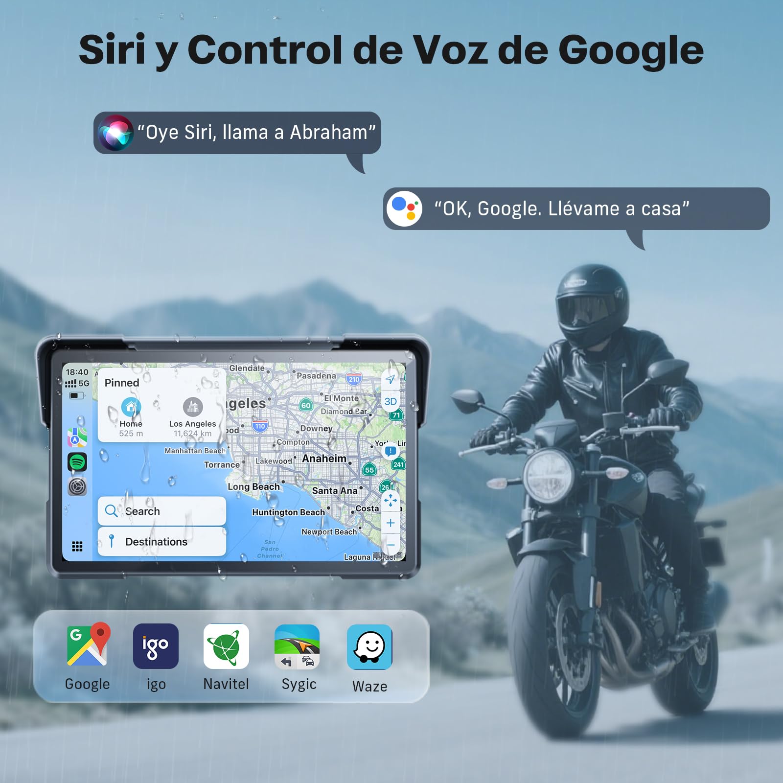 WonVon 7 Pulgadas CarPlay para Motocicleta Sistema de Navegación GPS con Apple CarPlay y Android Auto Pantalla Portátil con Doble Bluetooth, Navegación, Siri, Asistente de Google Soporte magnética