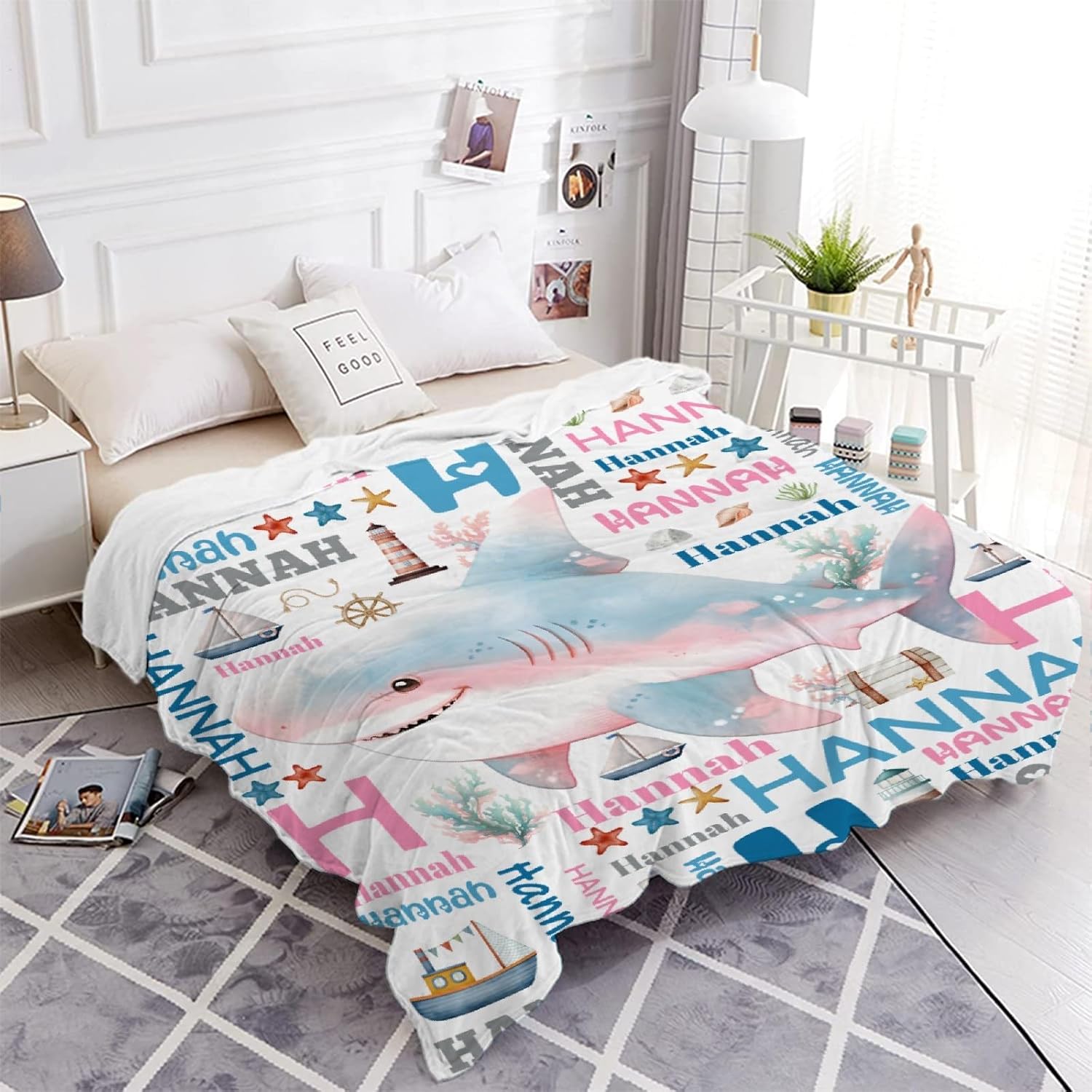 Custom Shark Blanket for Boys Girls | Ultra Soft Personalized Baby Blankets Gifts | Ocean Animal Shark Theme Throw Decor | 40"x50"-Kids/Throw Size