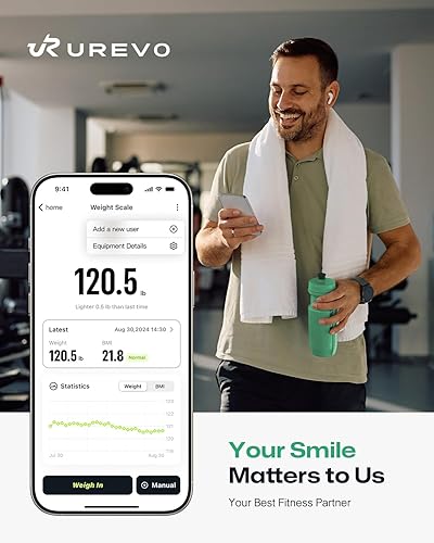 Miniatura 8 de UREVO Báscula inteligente para sincronización de peso corporal y seguimiento de IMC con aplicación, báscula digital de baño con pantalla LED,