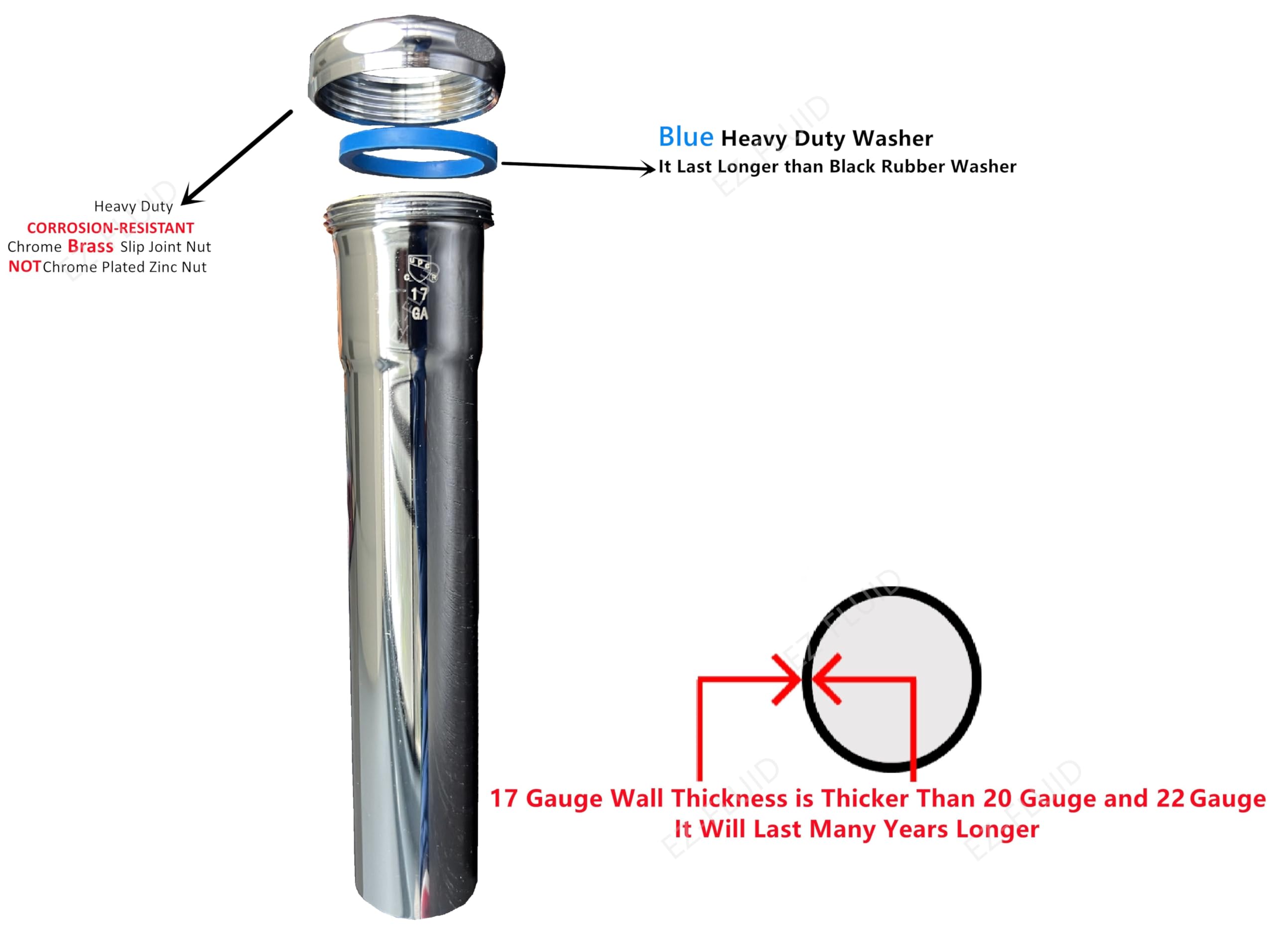EZ-FLUID Tubo de extensión tubular de latón cromado 17GA de grado comercial de 1-1/4 x 16 pulgadas, tuerca de latón para baño, cocina, debajo del fregadero, tubo de drenaje P-Trap (1)