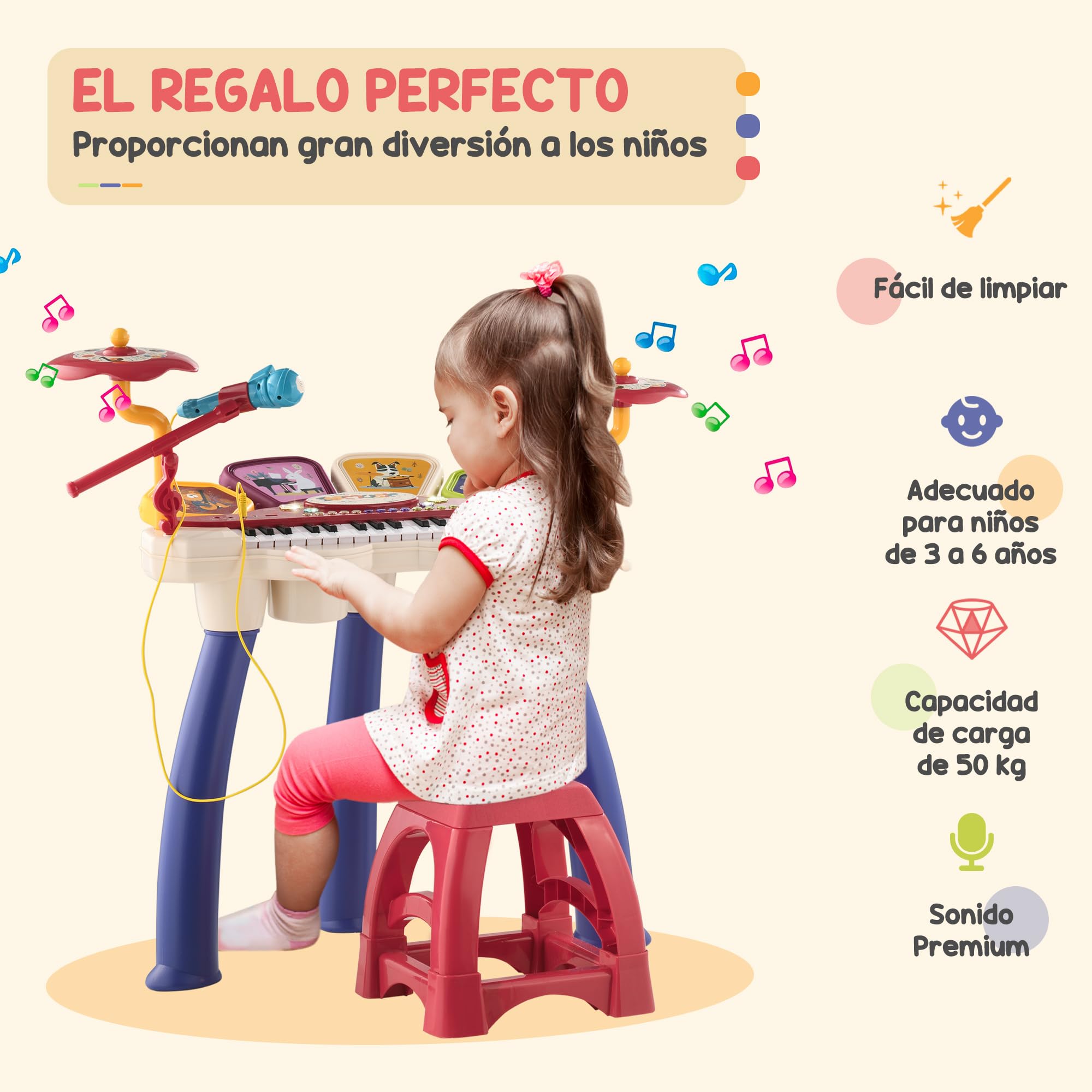 AIYAPLAY Piano Electrónico Infantil Piano para Niños 2 en 1 con 32 Teclas Batería Taburete Micrófono 19 Canciones y Volumen Ajustable 74x32,2x71 cm Multicolor