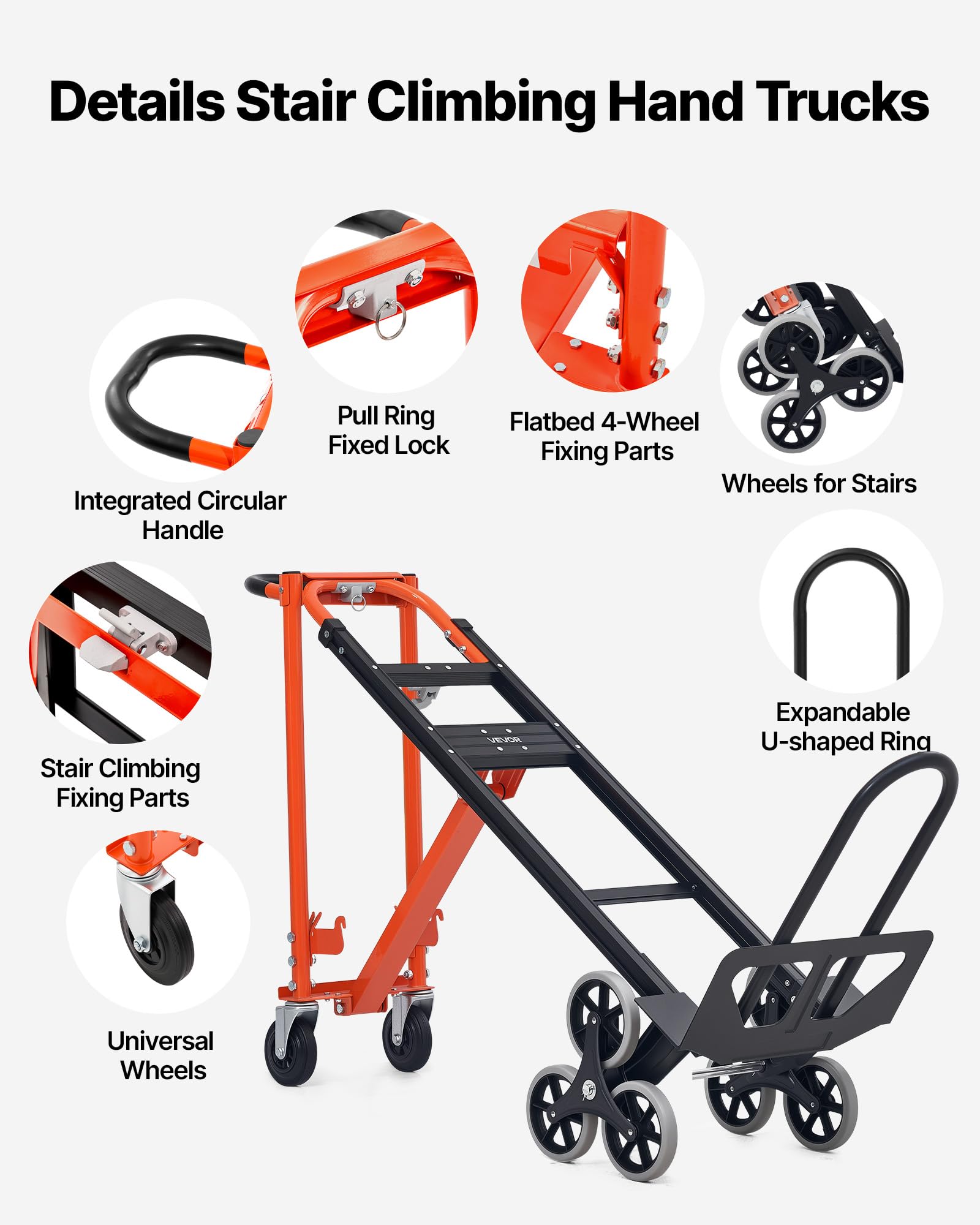 VEVOR 3-in-1 Treppensackkarre, Sackkarre max. Traglast 350 kg, klappbare Transportkarre mit Griff & Rädern, Treppensteiger-Transportwagen, Stapelkarre, Treppensteigerwagen, Orange & Silber