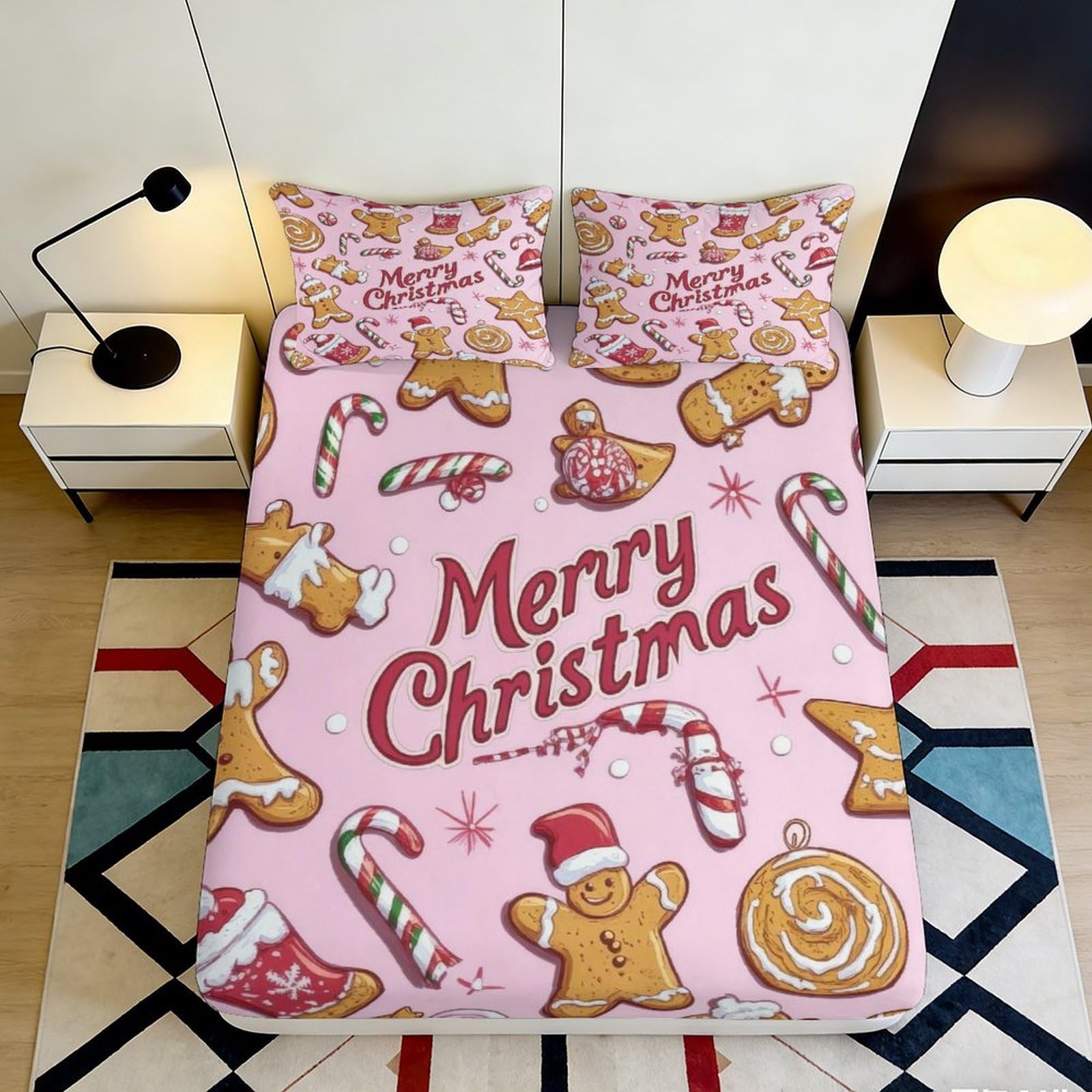 3D Printed Christmas Gingerbread Fitted Sheet Microfiber Pink Candy Cane Bed Cover for Bedroom Guest Room Decor 160x200x25cm