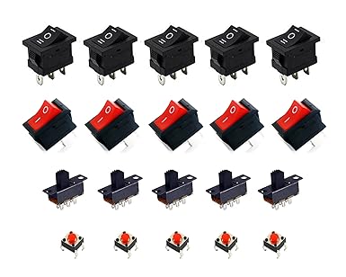 Pack of 20 Pieces) 5 Each of Rocker, Slider and Tactile Switches | Multipurpose Use For Home, Kitchen Appliances, DIY Sciences Projects, Hobby Kit
