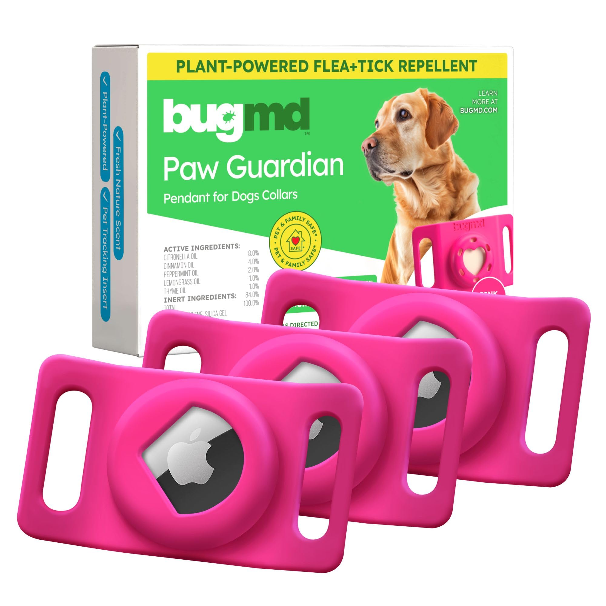 BugMD Paw Guardian, ciondolo antipulci e zecche (confezione da 3) con supporto AirTag, prevenzione di pulci e zecche a base vegetale, per cani e gatti, collare per animali domestici e supporto GPS per