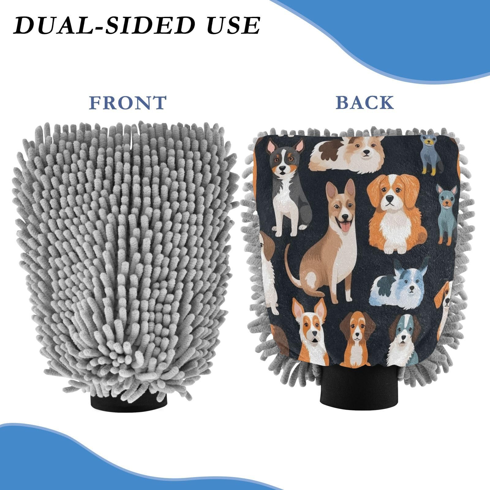 ALAZA Doodle Dog Prints Puppy Car Wash Mitt Scratch Free, 2 Pack Absorbent Microfiber/Chenille Washing & Drying Mitts, M
