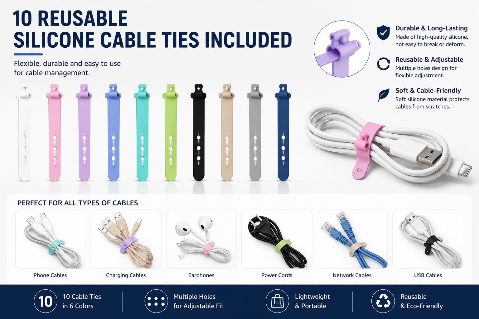 Caja de almacenamiento para cables, 2 unidades, 7 compartimentos, transparente con 12 bridas, organizador de doble apertura