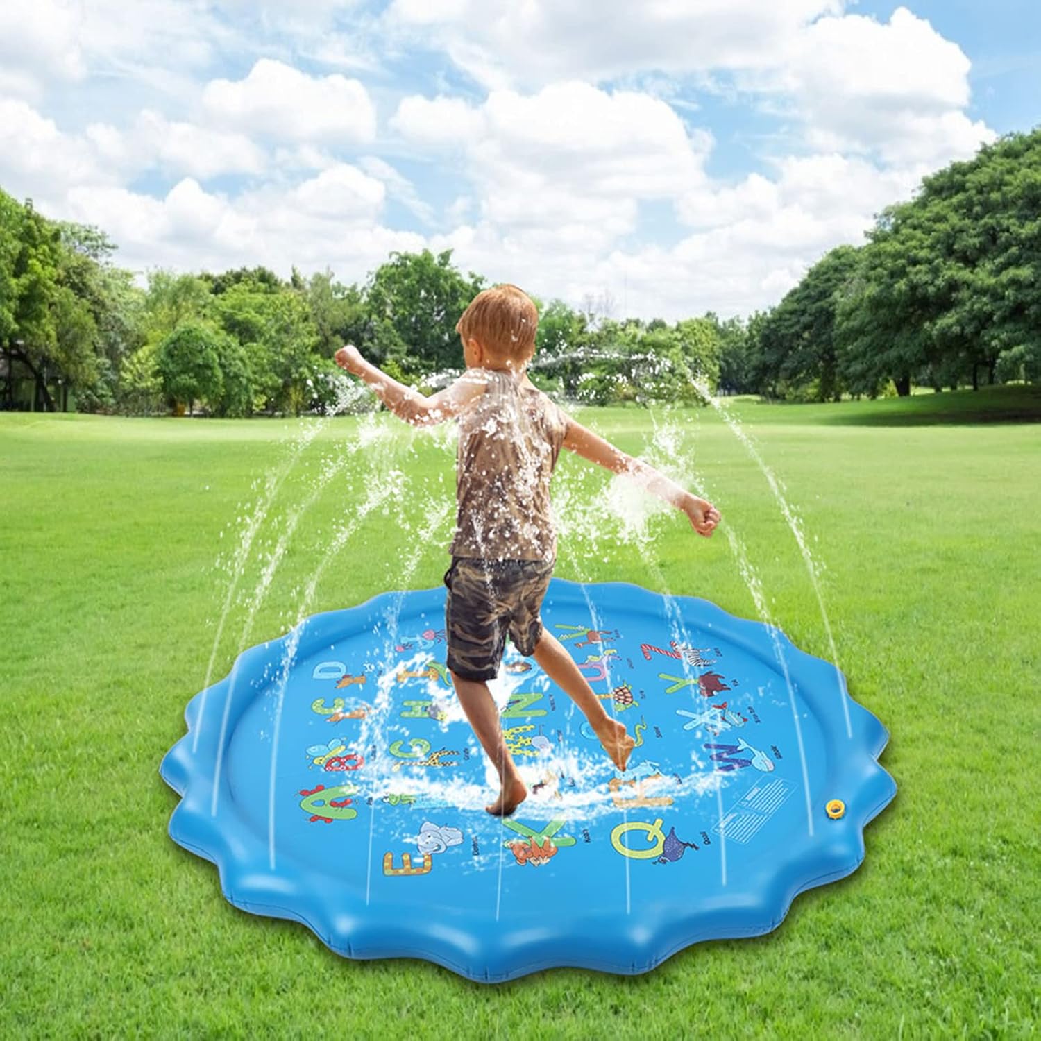 Akozon Alfombra de juego, 168 cm, diseño lindo de ocio al aire libre, cojín hinchable, 165 cm, pulverización de agua, alfombra de riego para niños chorros Jet
