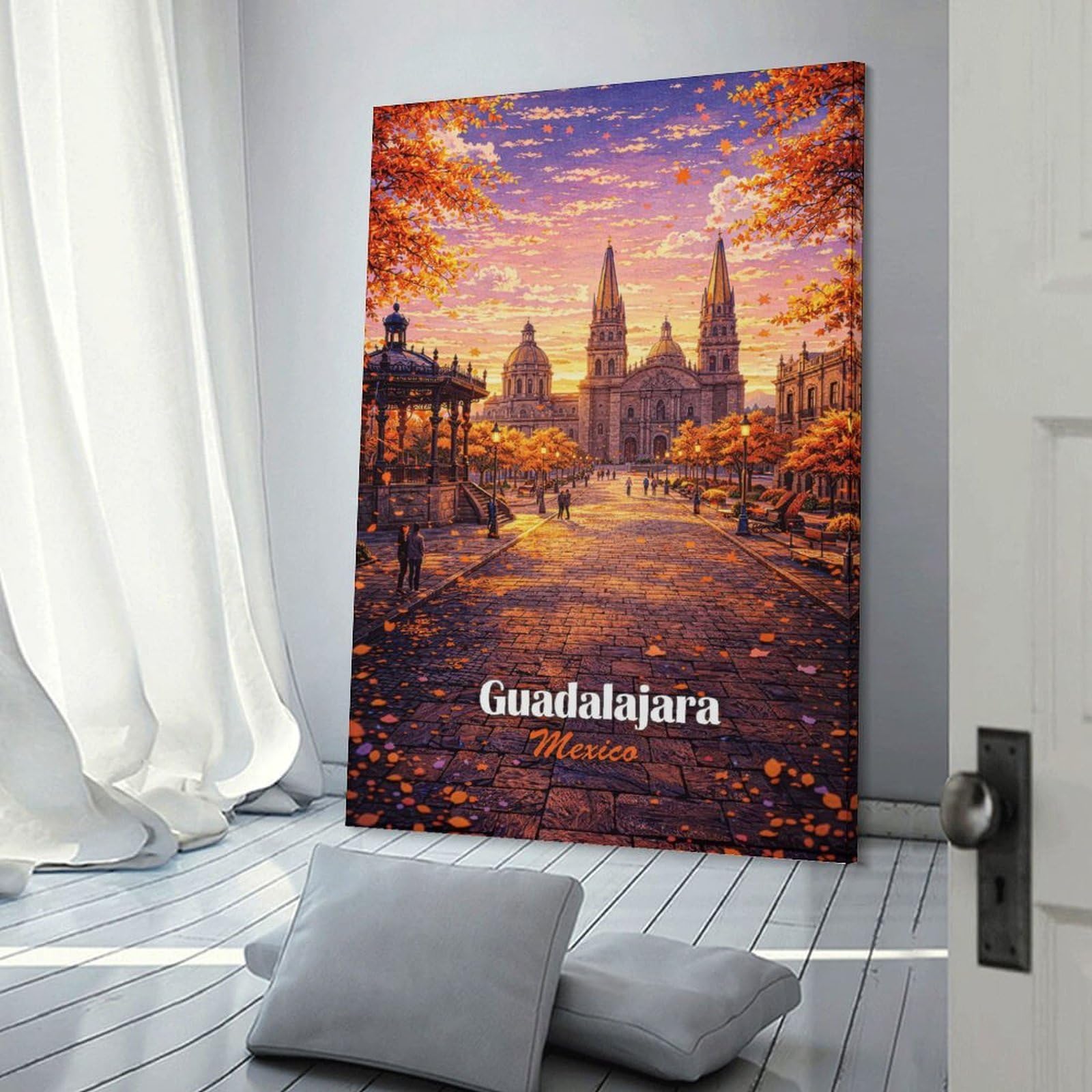 Junmoney Canvas Art Print Guadalajara Cathedral in Autumn, 16x24inch(40x60cm), for Living Room, Bedroom Or Home Office, A Wall Art Gift for Fresh Interiors