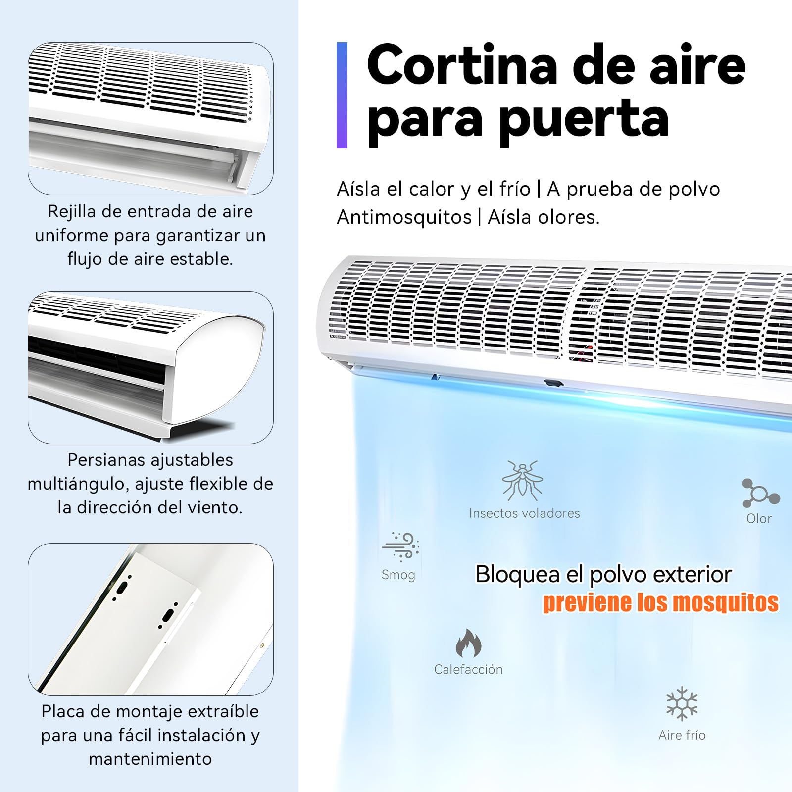 Silenciosa Cortina de Aire, Cortina de Aire para Puerta, Comercial Cortina Aire, Súper Poderosa & Ángulo De Viento Ajustable & 2 Velocidades & Control Remoto, Anti-Moscas, Fácil De Instalar