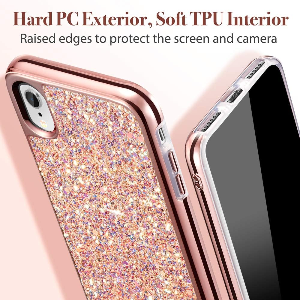 ESR Glitter Hard Case for iPhone XR, Glitter Bling Hard Cover with Dual-Layer Structure [Hard PC Back Exterior + Soft TPU Interior] for Women [Supports Wireless Charging] for The iPhone XR, Rose Gold