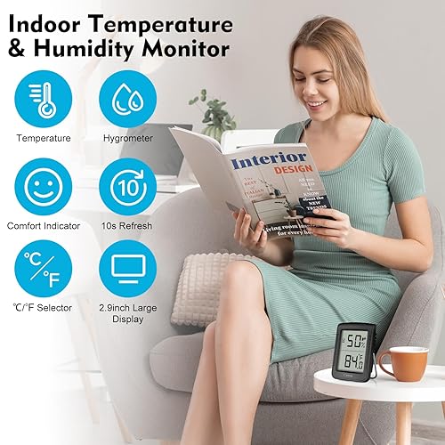 Miniatura 2 de Higrómetro digital para interiores, medidor de humedad, termómetro de habitación con pantalla de números grandes, monitor de temperatura y humedad
