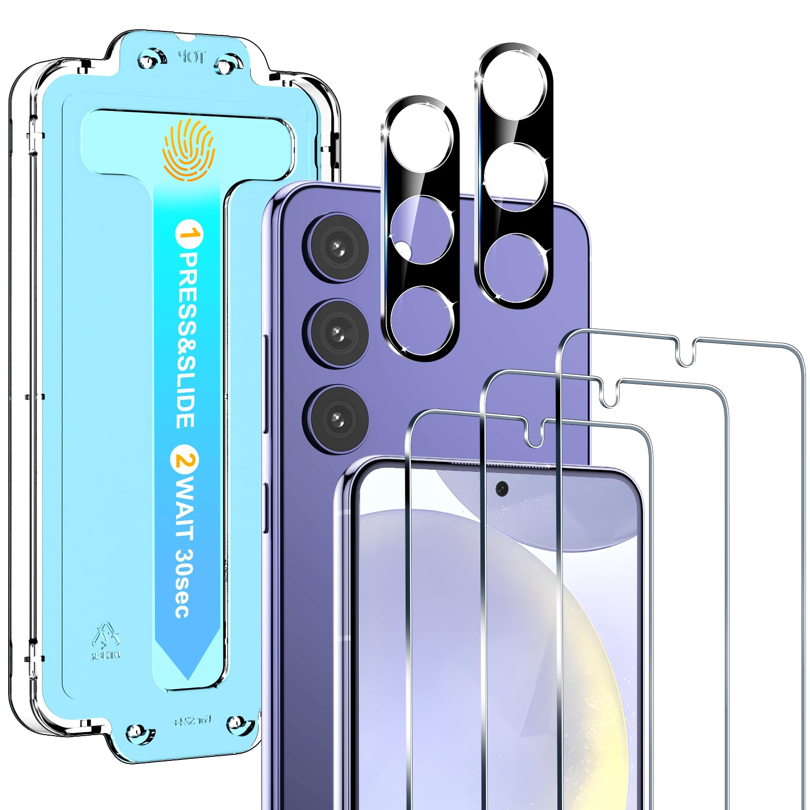[3+2 Pack] for Samsung Galaxy S24 Screen Protector, 9H Tempered Glass, Auto Alignment Kit, Plussonic Fingerprint Support, Case Friendly for Samsung S24 Glass Screen Protector 5G