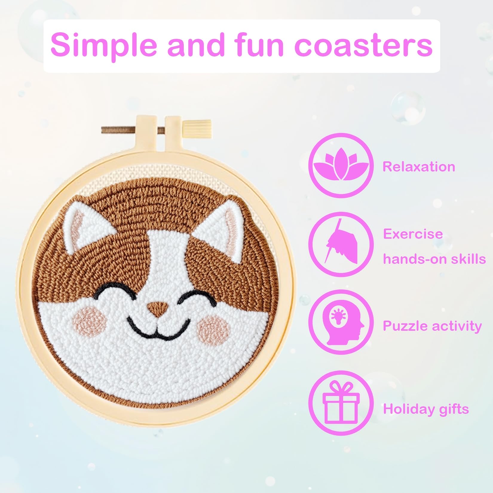 Xinpinzhou 6pcs Cat Punch Needle Coaster Kit for Kids Beginners Adults Complete Punch Needle Stitching Embroidery Art Coasters Kit for Kids Adult Beginner Animal Punch Needling Coaster - Image 4