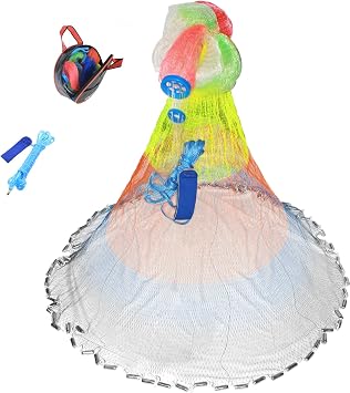 Nylon Monofilament Cast Net, American Style Hand Throwing Fishing Net with Zinc Plated Weights for Saltwater and Freshwater, 3/8 Inches Mesh