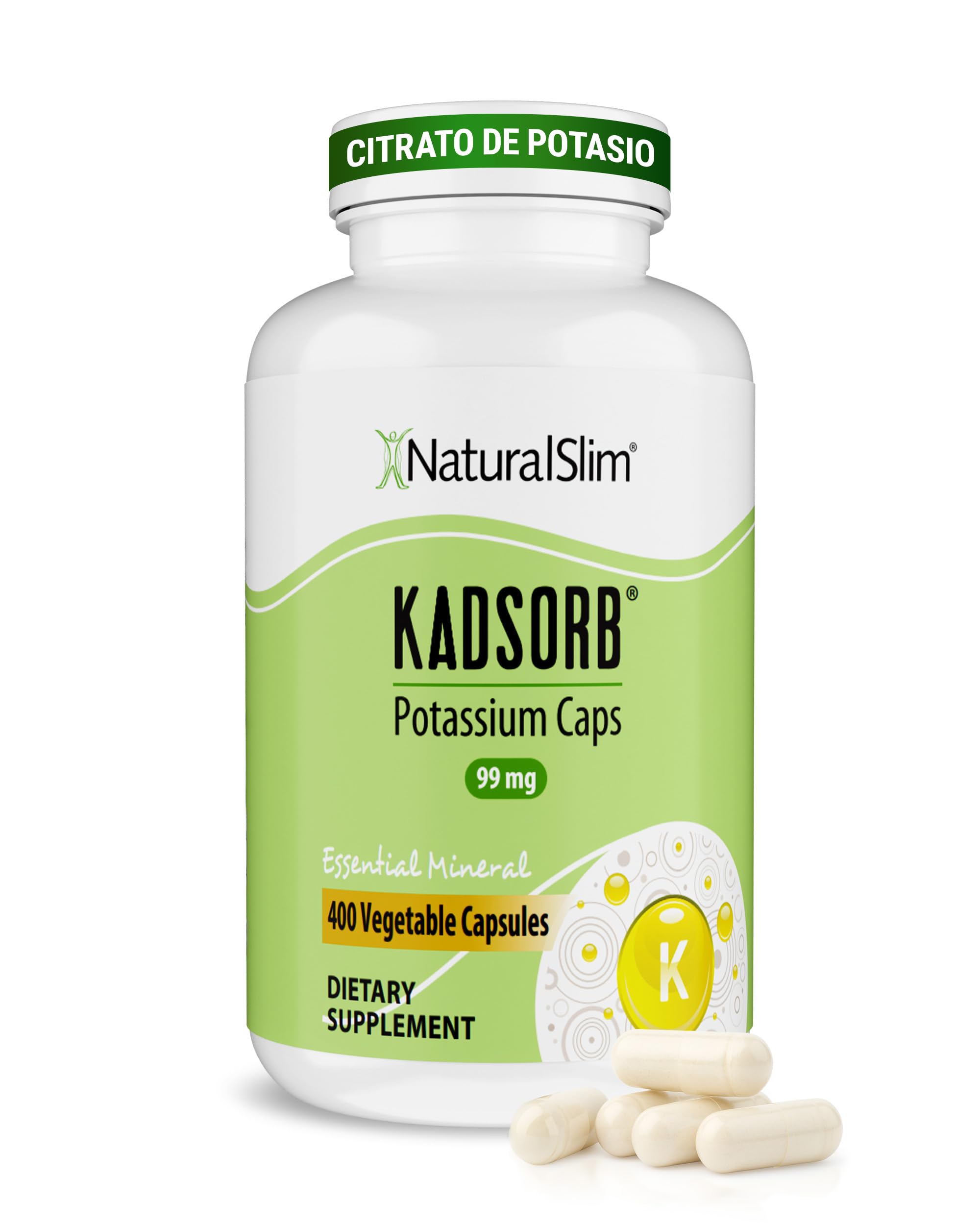 NaturalSlim Kadsorb, Suplemento de Citrato de Potasio en Cápsulas de Alta Absorción Recuperador Muscular, Apoya el Equilibrio Mineral y Bienestar Metabólico, Vitalidad y Energía Diaria, 400 capsulas