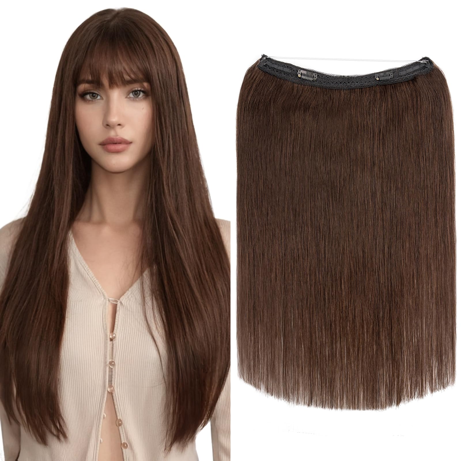 Elailite Halo Hair Extensions Real Human Hair for Women Dark Brown Clip in Remy Hairpiece with Adjustable Invisible Wire 14 Inch 60G