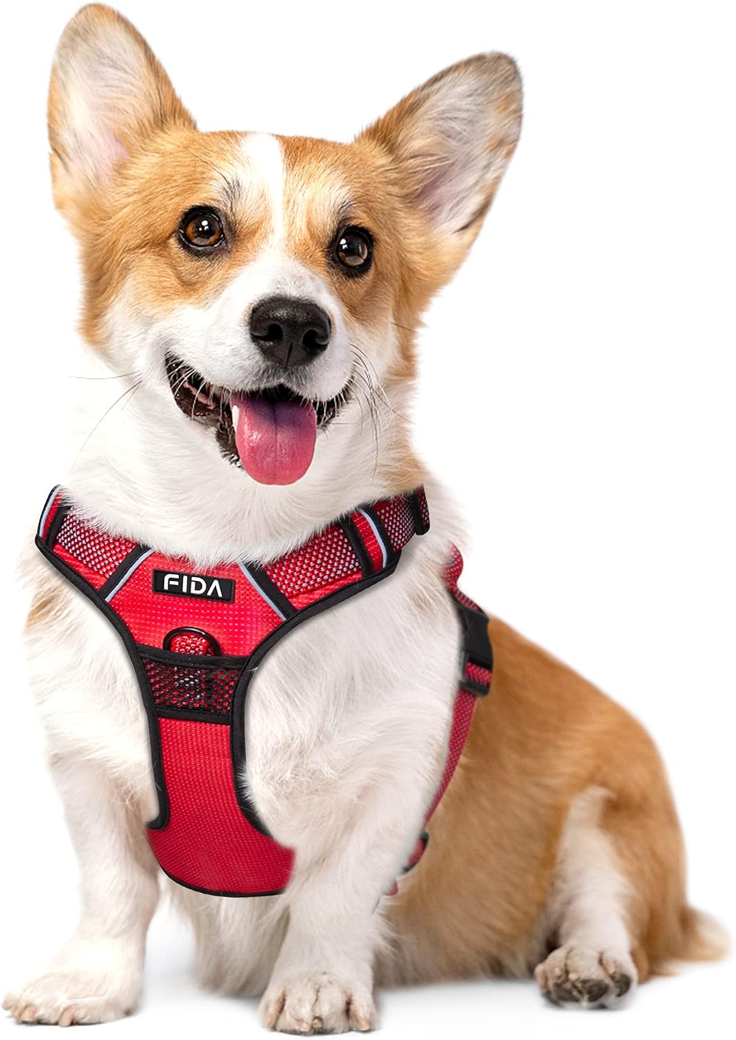 Fida Dog Harness Full Reflective Design, No-Pull Pet Vest Harness with 2 Leash Clips, Adjustable Soft Padded with Easy Control Handle for Medium Dogs(M, Red)