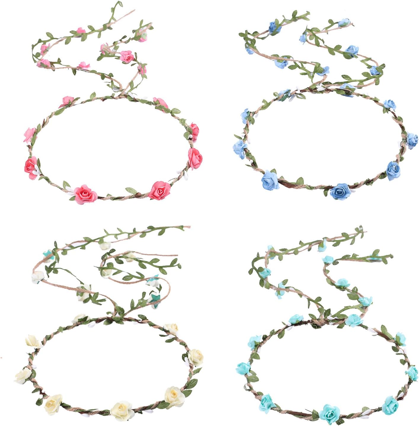 Whaline 4 Pcs Flower Crown Floral Wreath Headband Floral Garland Headbands Bohemian Style Headdress for Wedding Bride Bridal Headwear Party Festivals Hair Accessories (4 Color)