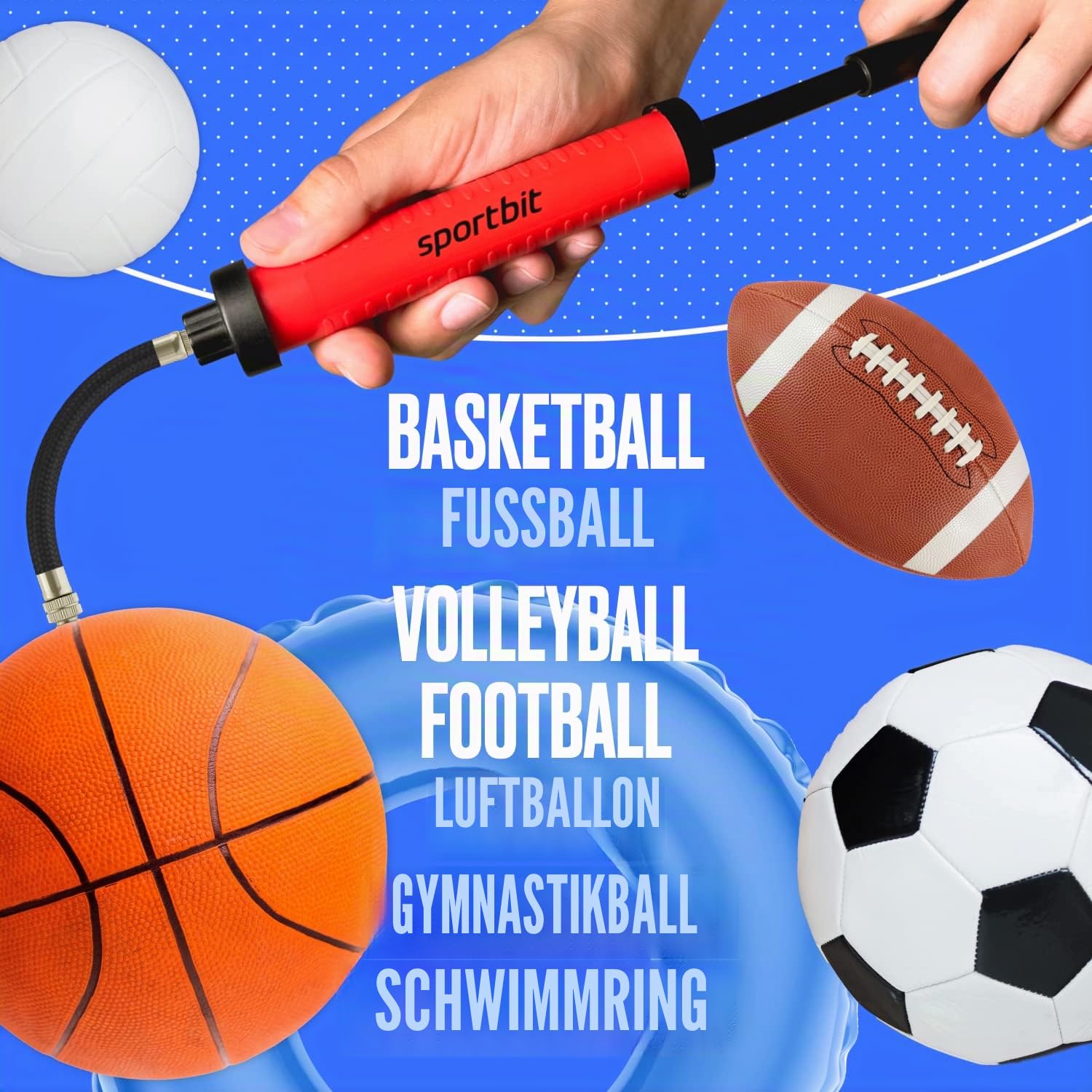SPORTBIT Ballpumpe für Sportbälle – Basketballpumpe für Sportbälle – Fußball- & Volleyballpumpe, Basketball, Schwimm-Inflatables – Handluftpumpe mit 3 Nadeln, Düse, Verlängerungsschlauch, Tasche