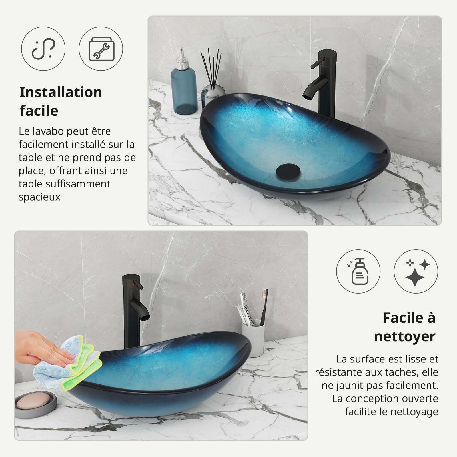 YU YUSING Ensemble Complet- Lavabo Ovale en Verre avec Robinet, Vasque à Poser, Lave-Mains, pour Salle de Bain, Cuisine, WC d'invités, Bleu Moderne, 53 x 35 x 16 cm