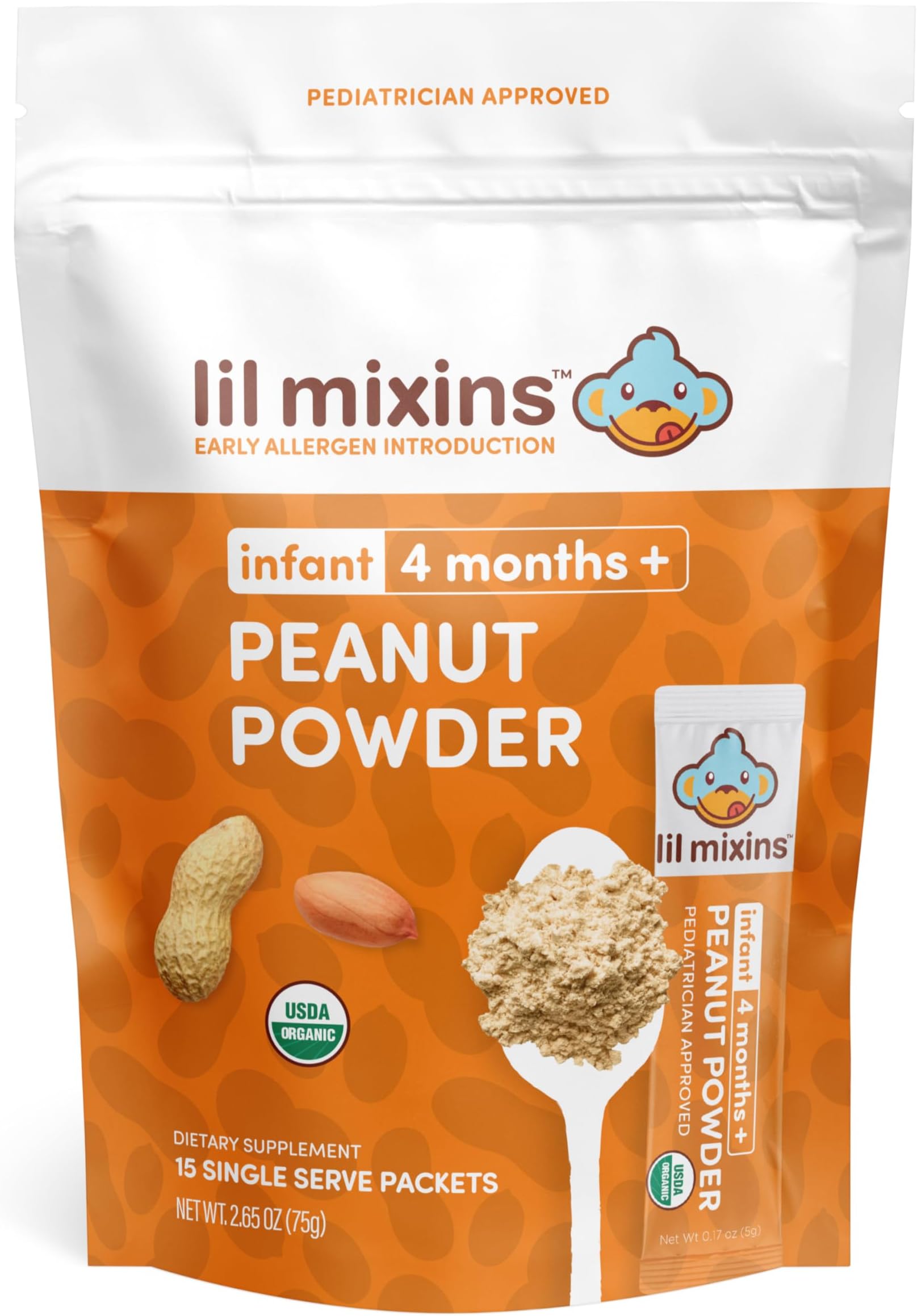 Lil MixinsEarly Allergen Introduction, Peanut | Stage 1-3, For Ages 4 Mo -12 Mo. | Individual Packets, 2 Month SupplyUSDA Organic