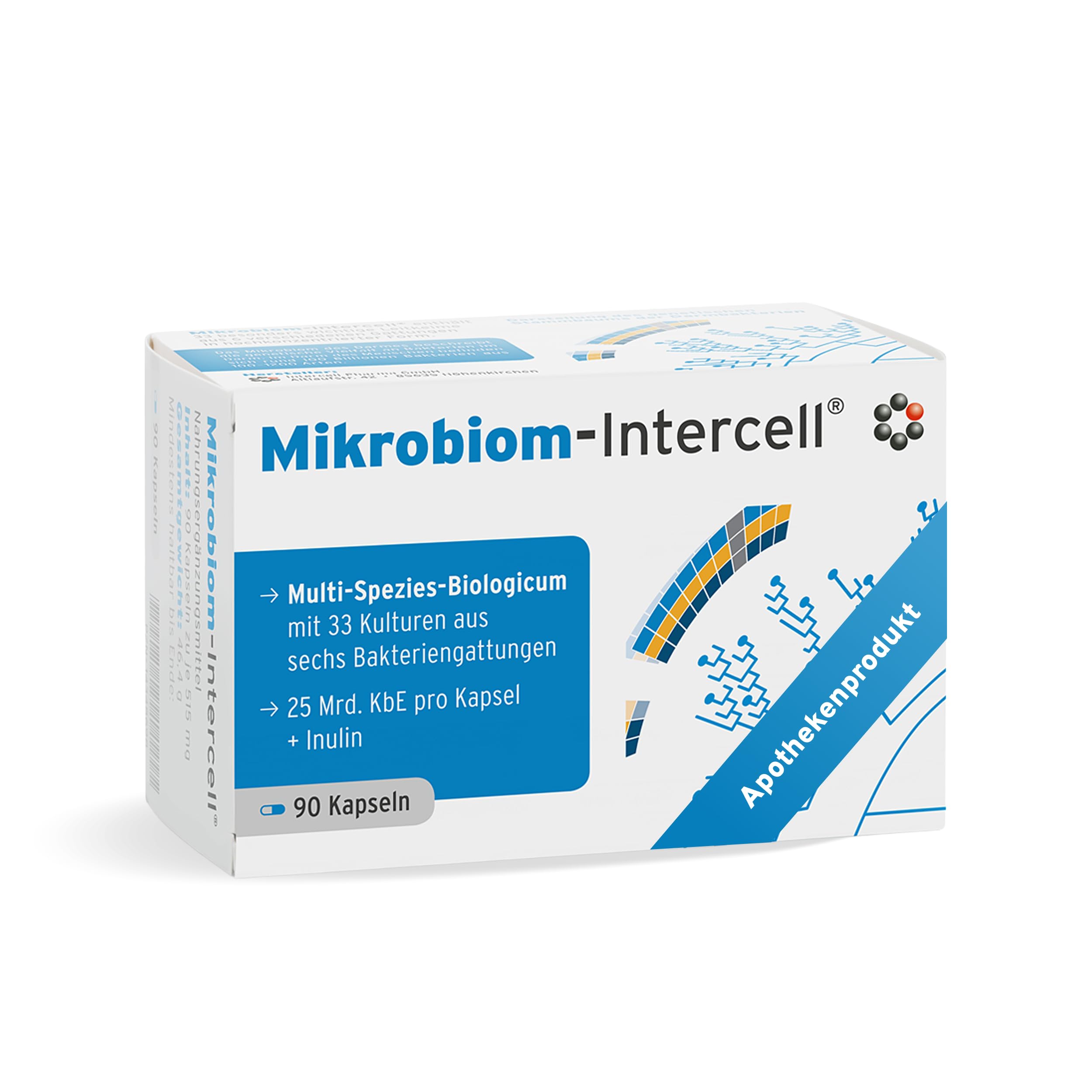 Mikrobiom Intercell (Probiotika) - 33 Bakterienstämmen hochdosiert mit Inulin (90 Kapseln) - Für den Aufbau des Darms mit den wichtigsten Milchsäurebakterien - 25 Mrd. KBE je Kapsel - laktosefrei