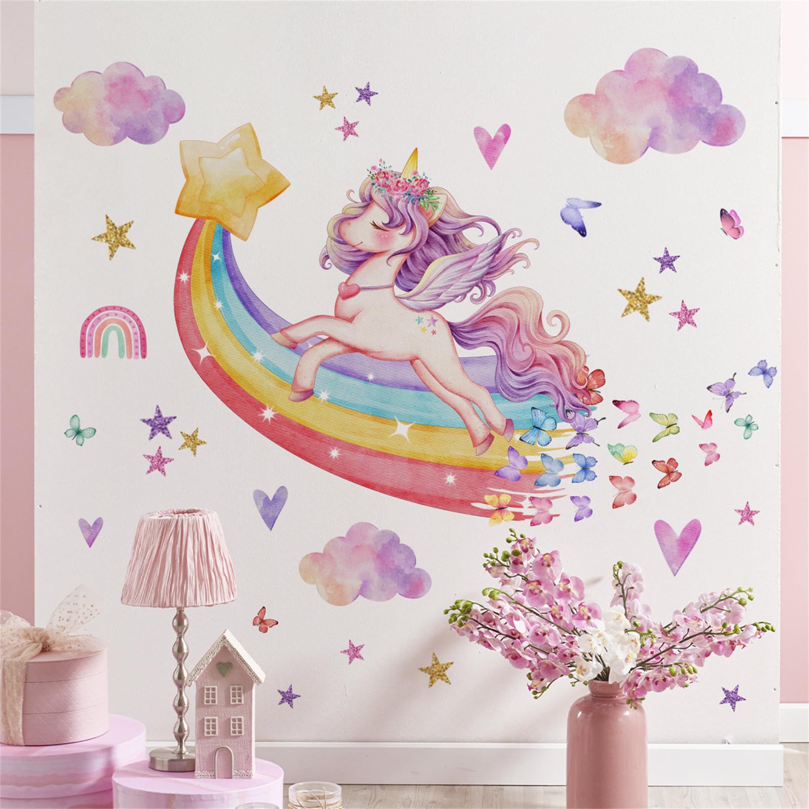 Unicorn Wall Stickers for Girls Bedroom, Rainbow Unicorn Wall Decals with Clouds, Stars & Butterflies - Image 3