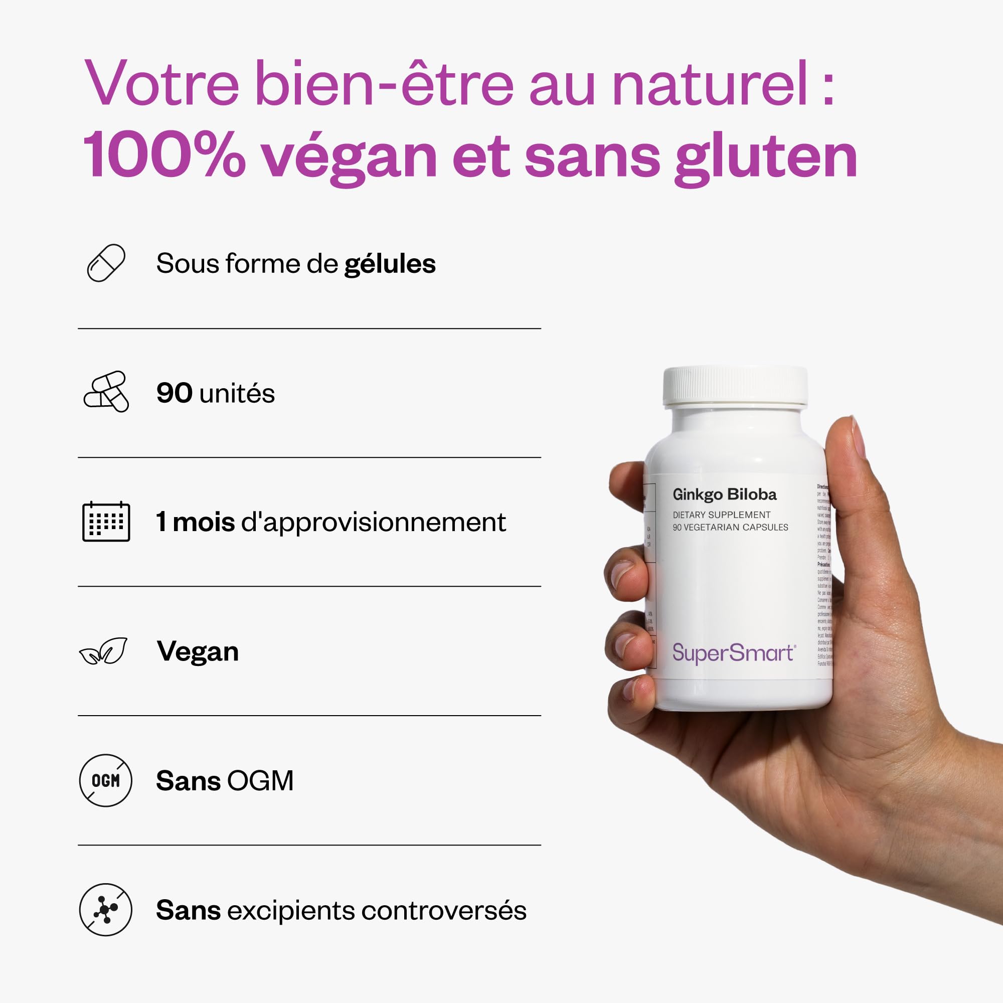 Ginkgo Biloba - Aide à Maintenir la Fonction Cognitive - SuperSmart | Standardisé à 24 % Ginkgoflavonglycosides et 6 % de Terpène Lactones - Contribue à la Santé de la Circulation Sanguine