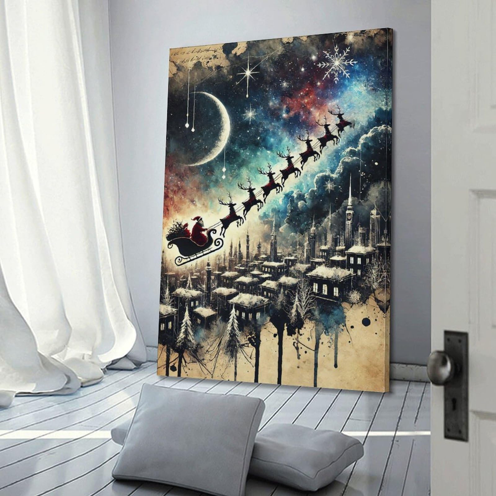 CWLLOG Stampe su tela da parete, poster natalizio con slitta interstellare sulla città, evidenziando festival di fantascienza, decorazione moderna per soggiorno e camera da letto, 60 x 90 cm